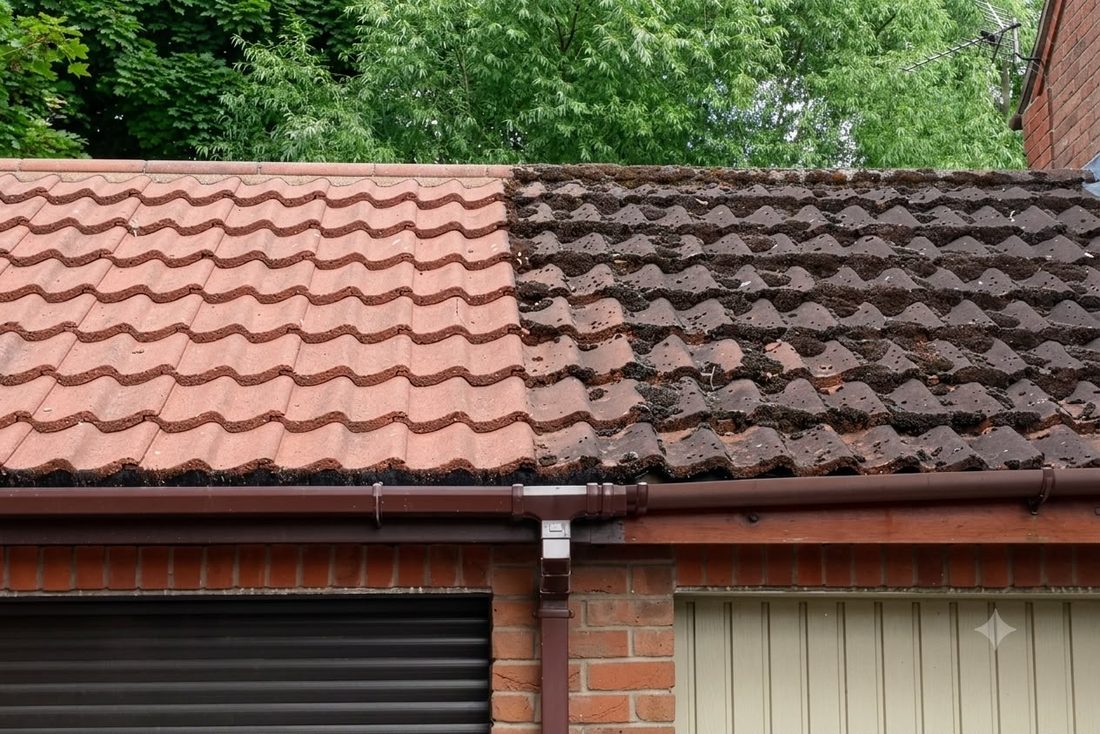 Roof half cleaned showing moss removed from tiles