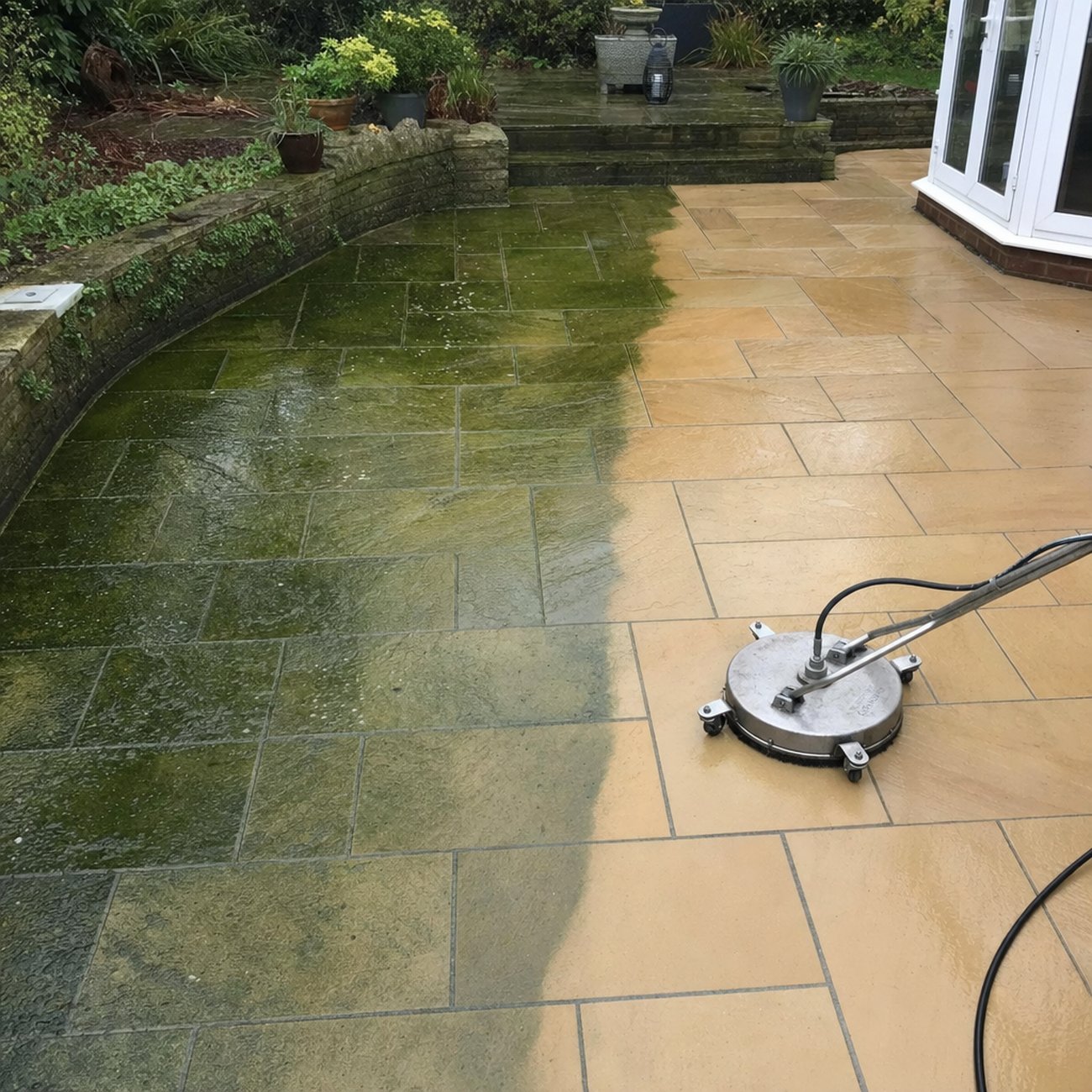Patio jet wash in progress, moss lifting away to reveal clean sandstone